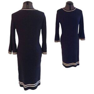 Eliza J Dark Navy Knit dress in Blue w/ bell sleeve & striped trim , size Medium